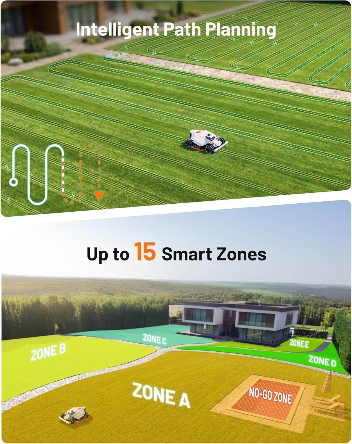 Vytality V3 app showing multi-zone mowing maps and no-go zones