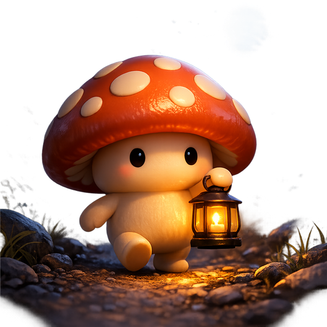 Greg, a small red-capped mushroom, carrying a lantern through the dark